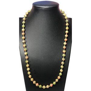 Unakite and Gold Tone Metal Spacer Bead Necklace 8 mm round beads 24 in